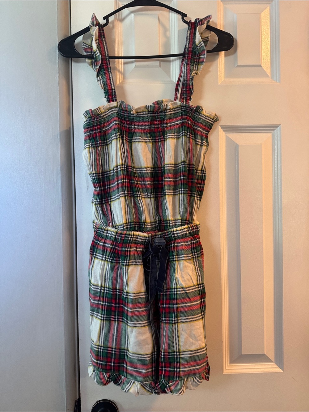 aerie Green, Red & Cream Plaid Ruffle-Strap Romper